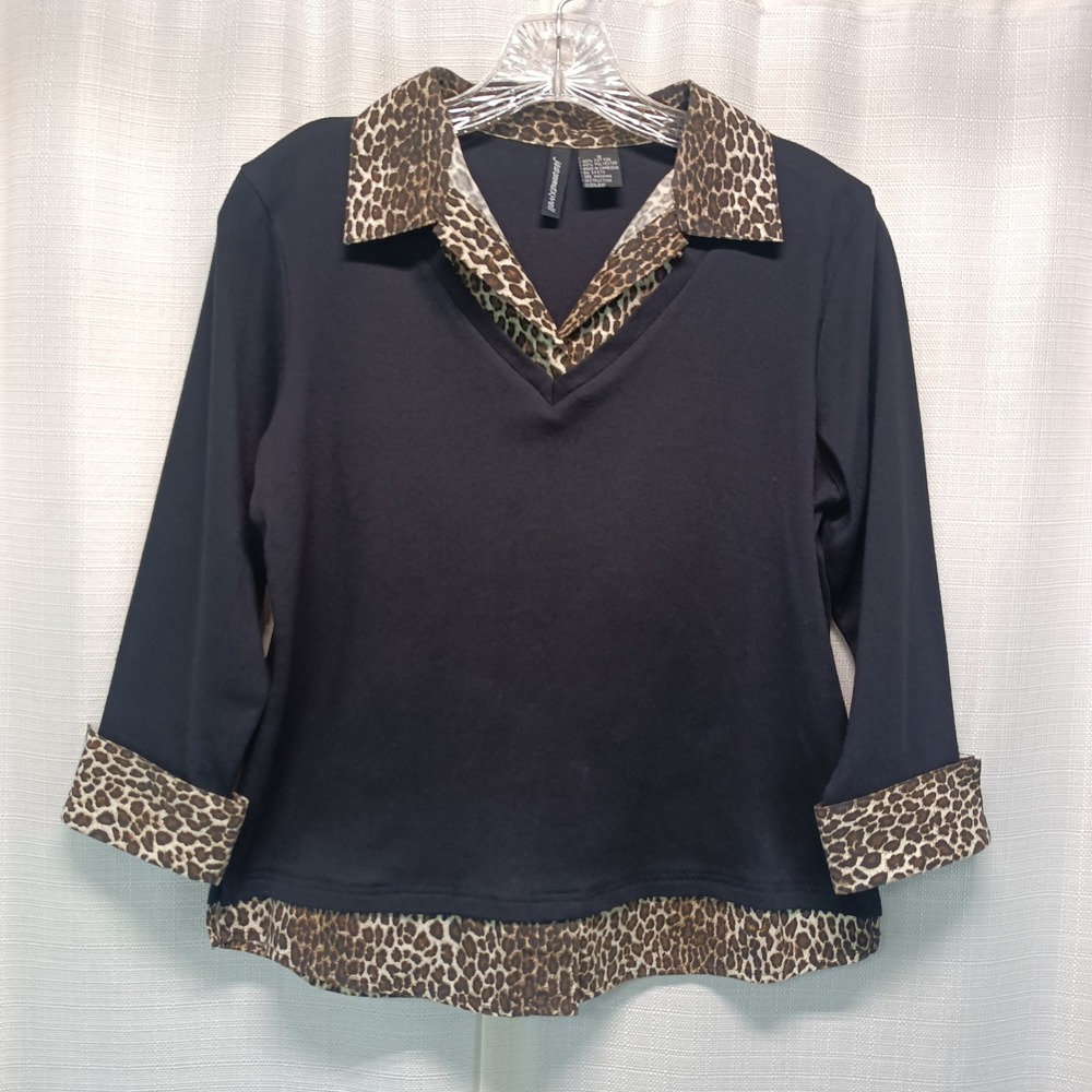 Jason Maxwell Black Layered Look Top Leopard Print Trim V-Neck Pullover Small